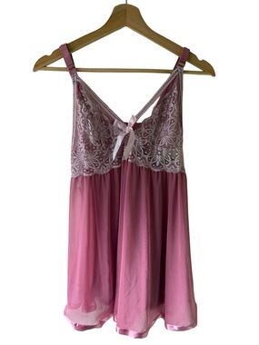 Pink Lace-Detail Satin Trim Chemise Nightdress